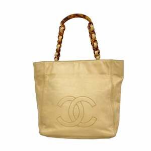 CHANEL Cream Lambskin Leather Tote Bag